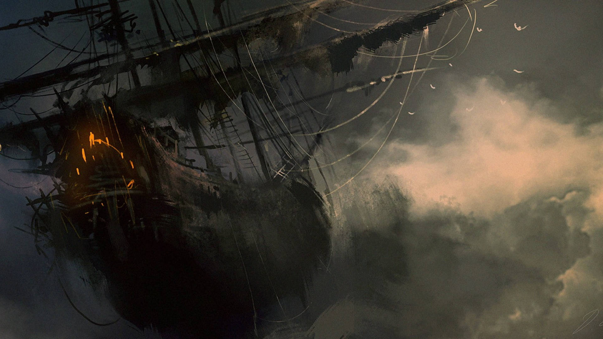 Ghost Ship, stormy skies, glowing embers, Full HD Desktop Wallpaper