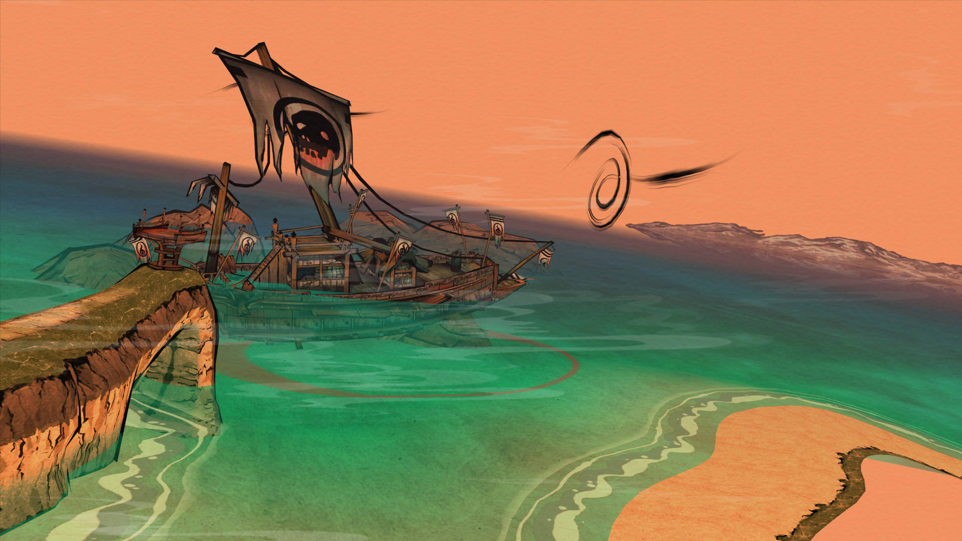 Ghost Ship, skull flag, turquoise lagoon, Full HD Desktop Wallpaper