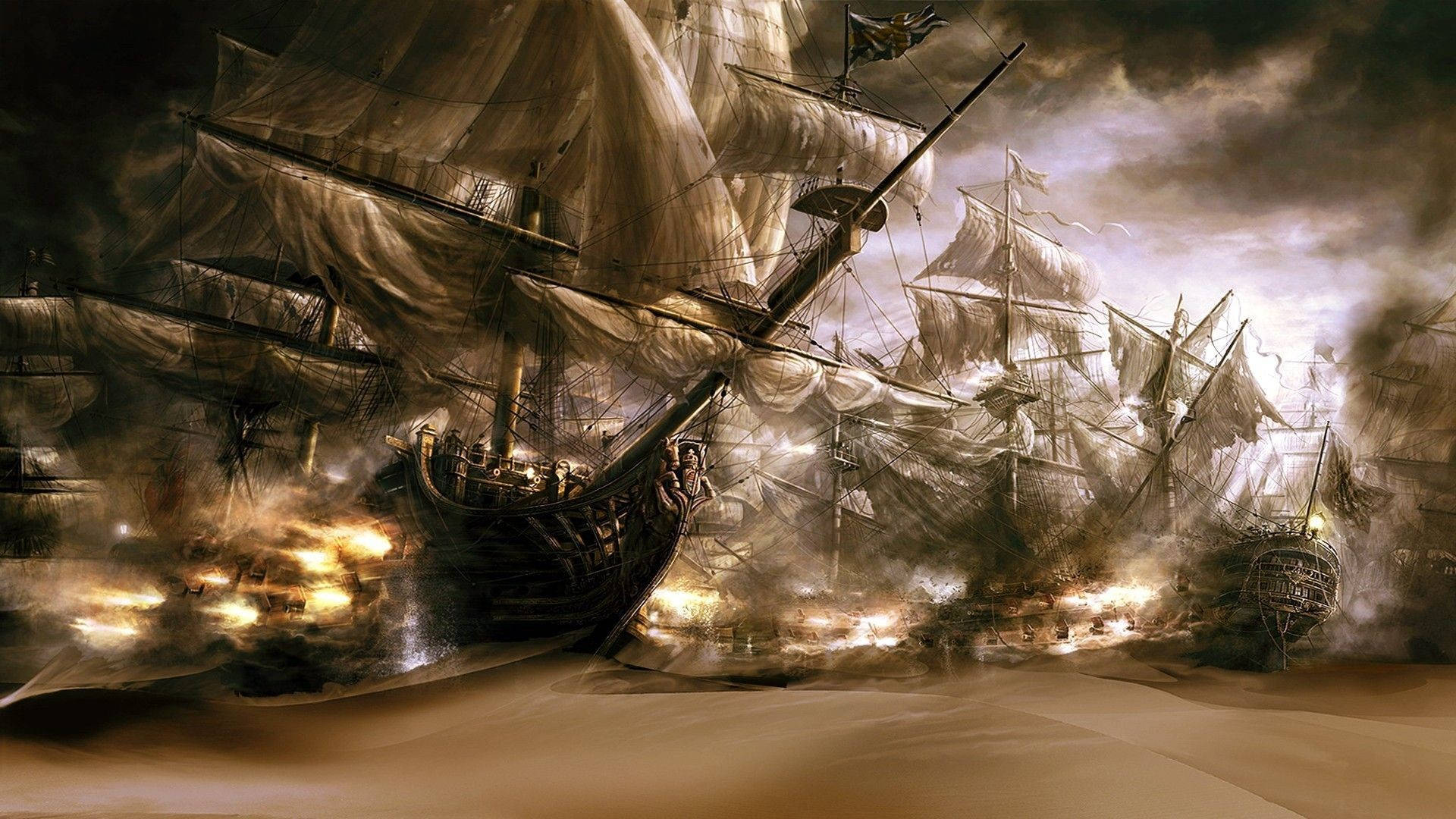 Ghost Ship, sepia painting, galleons, Full HD Desktop Wallpaper