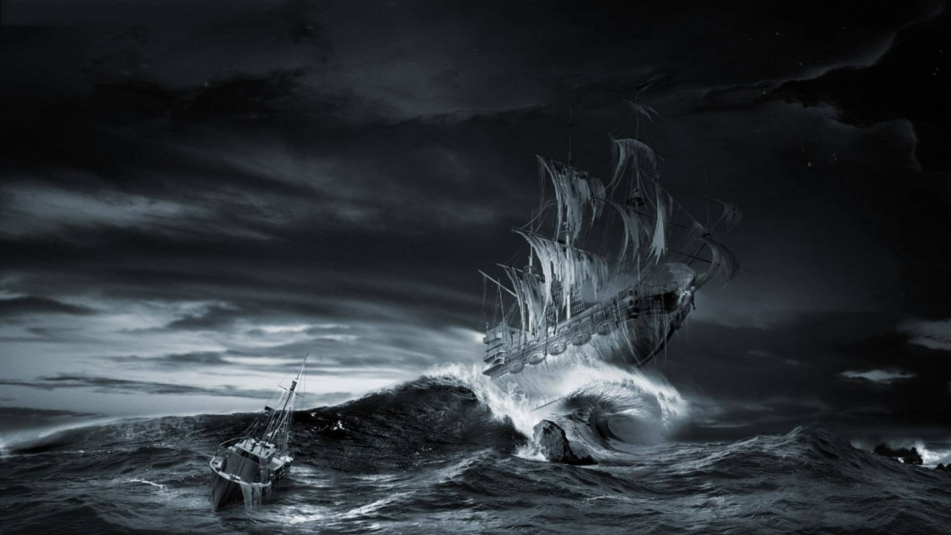 Ghost Ship, stormy night sky, monstrous waves, Full HD Desktop Wallpaper