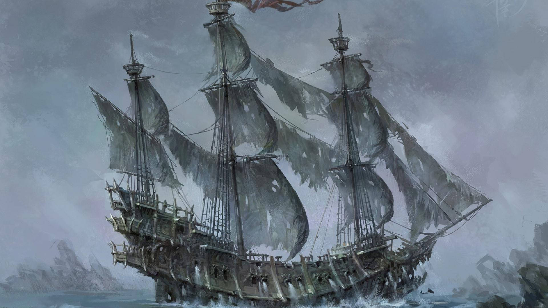 Ghost Ship, torn sails, stormy seas, Full HD Desktop Wallpaper