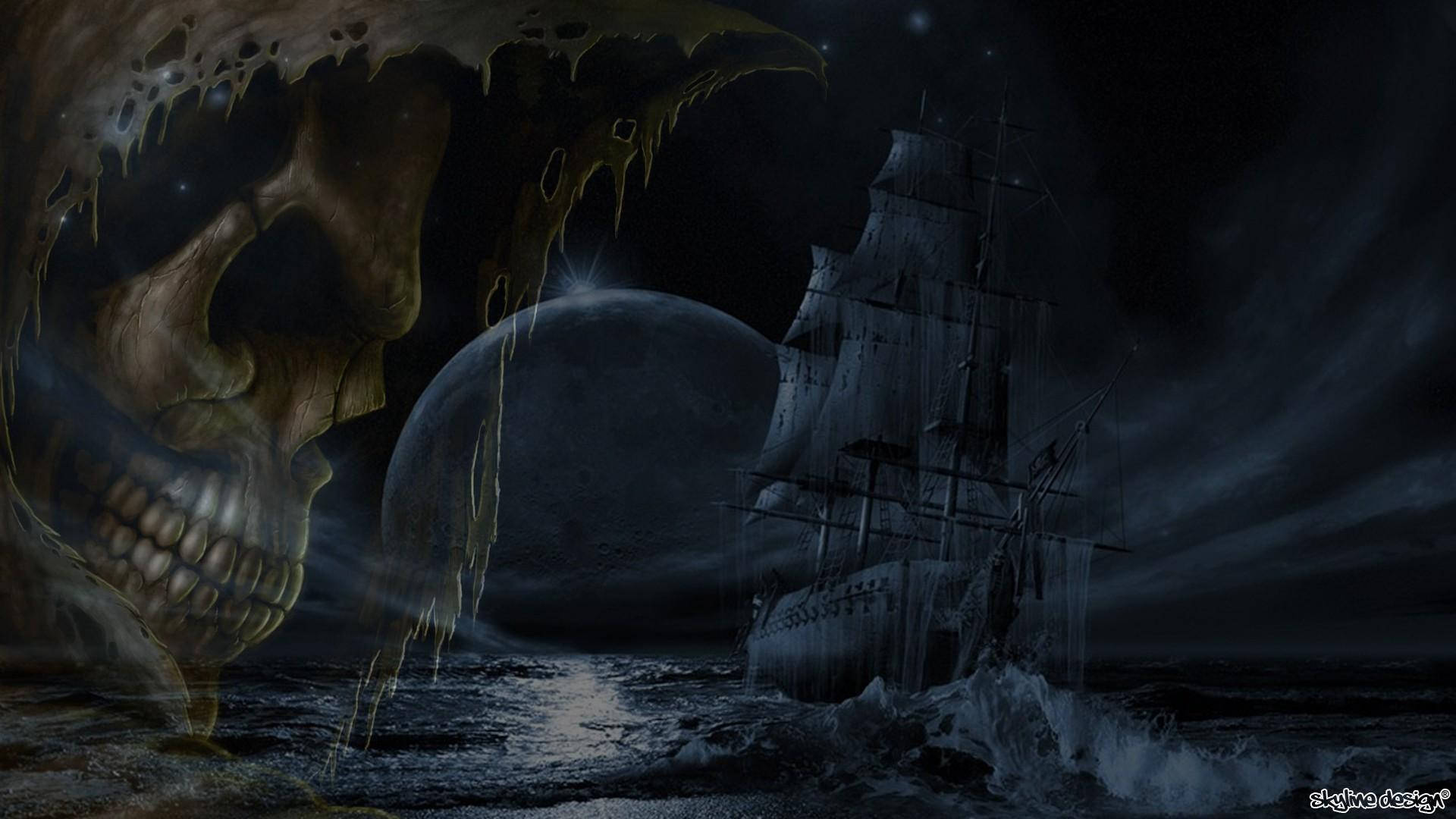 ghost ship, colossal skull, stormy seas, Full HD Desktop Wallpaper