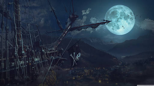 Ghost Ship, full moon, mountainous coastal town, SD Desktop Wallpaper