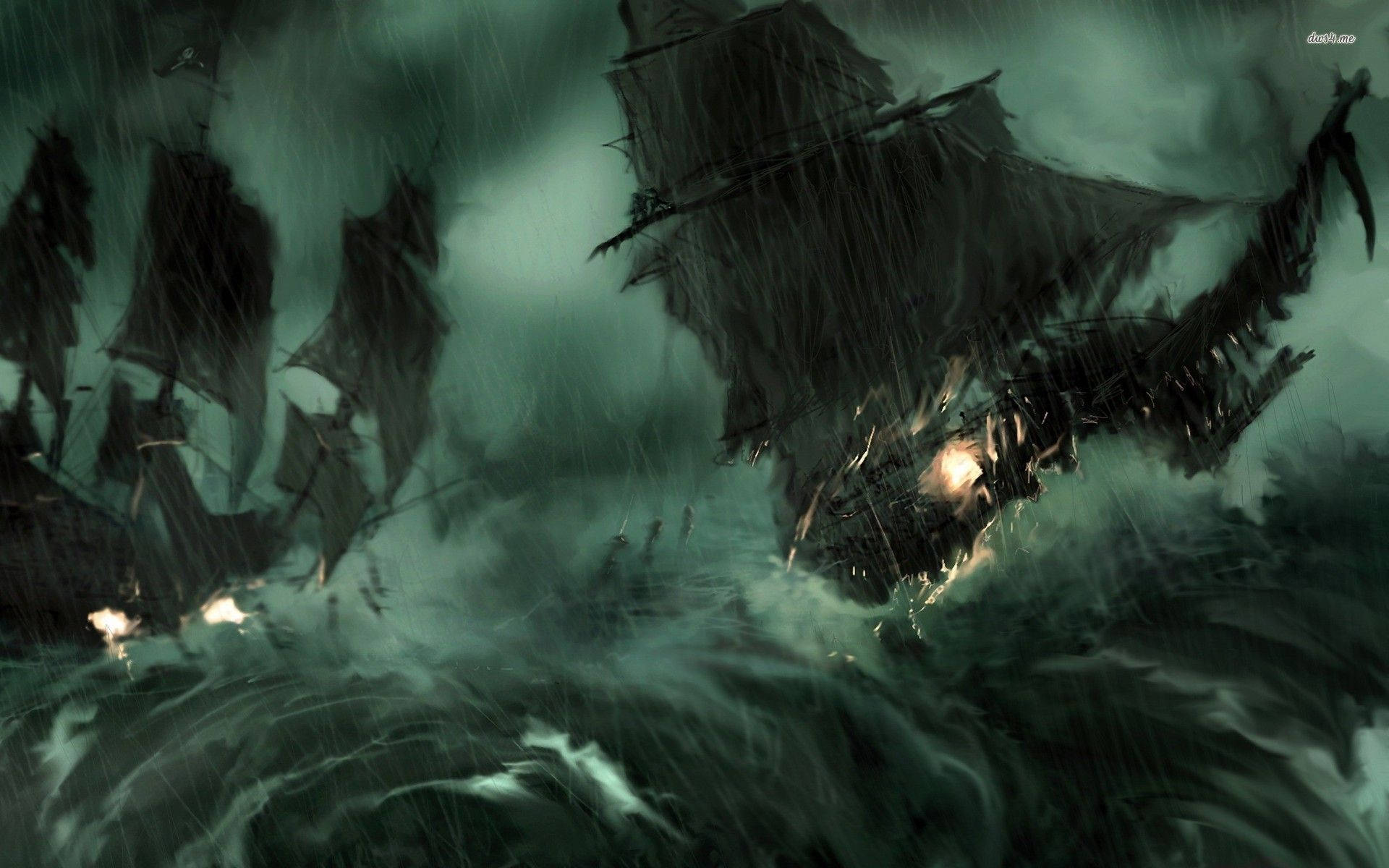 Stormy Ghost Ship, greenish sky, lightning flashes, Full HD Desktop Wallpaper