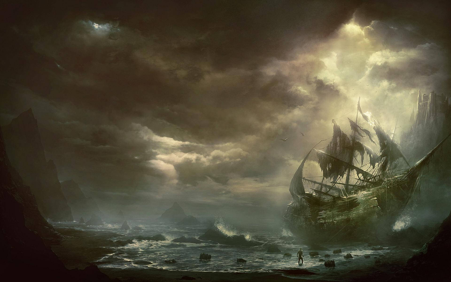 Ghost Ship, wrecked ship, stormy shore, Full HD Desktop Wallpaper