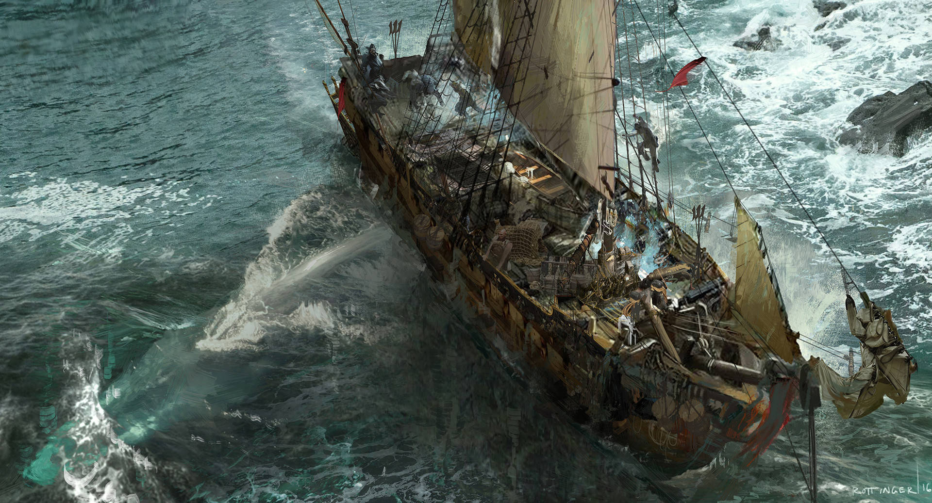 Ghost Ship, sea storm, turbulent ocean waves, Full HD Desktop Wallpaper