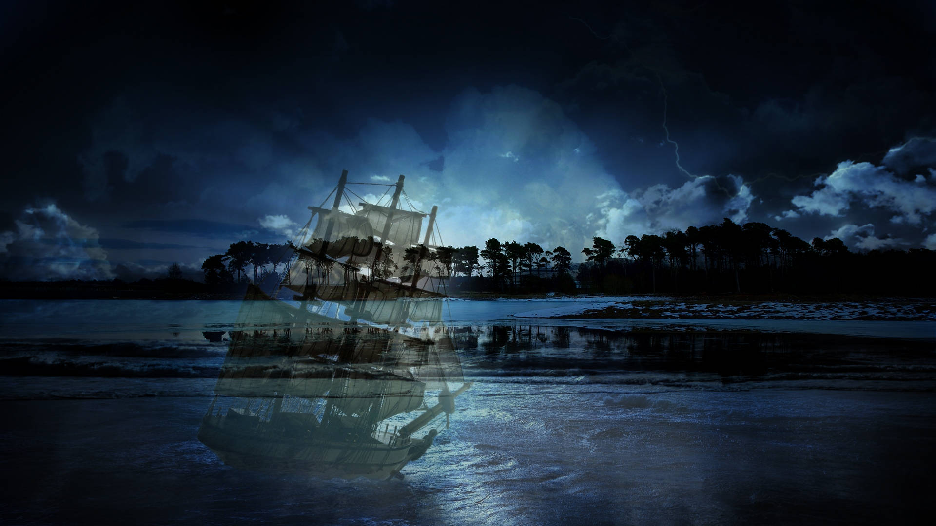 ghost ship, stormy waters, lightning-filled night sky, Full HD Desktop Wallpaper