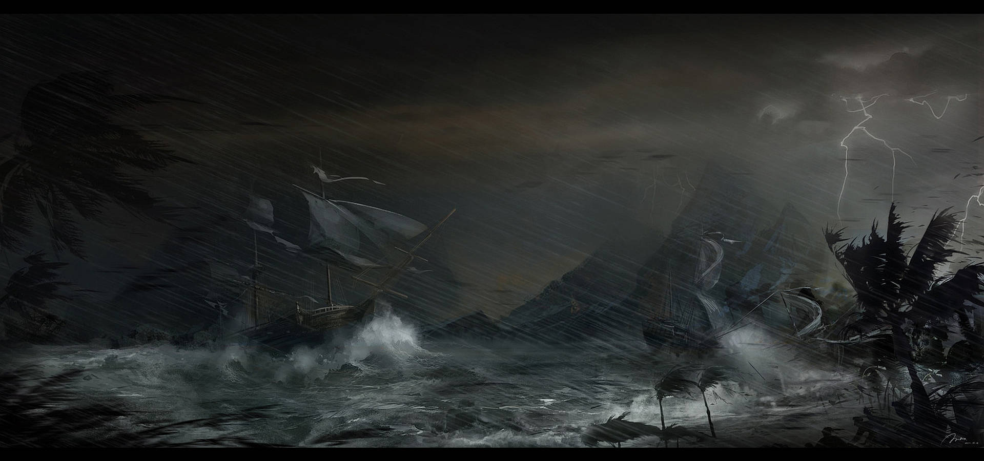 Ghost Ship, stormy sea, stormy night, Full HD Desktop Wallpaper