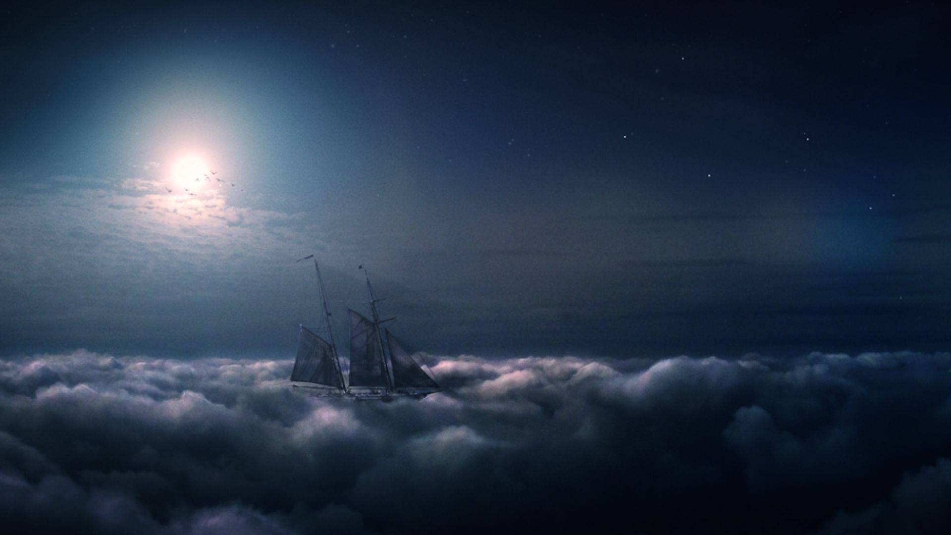 Ghost Ship, clouds, moonlit sky, Full HD Desktop Wallpaper