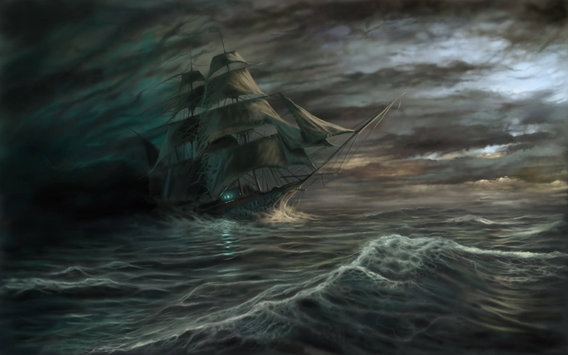 Ghost Ship, sailing ship, turbulent dark seas, Full HD Desktop Wallpaper