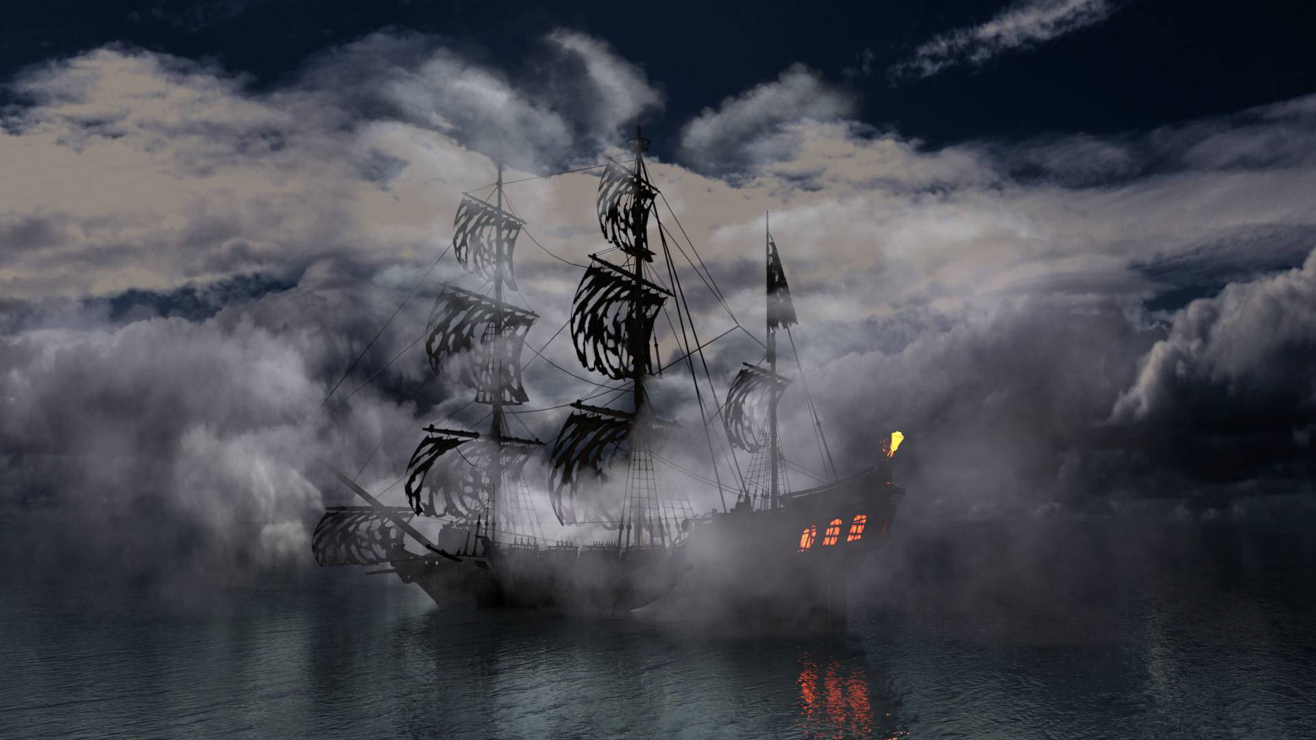 haunted ghost ship, ghostly pirate ship, stormy seas, Full HD Desktop Wallpaper