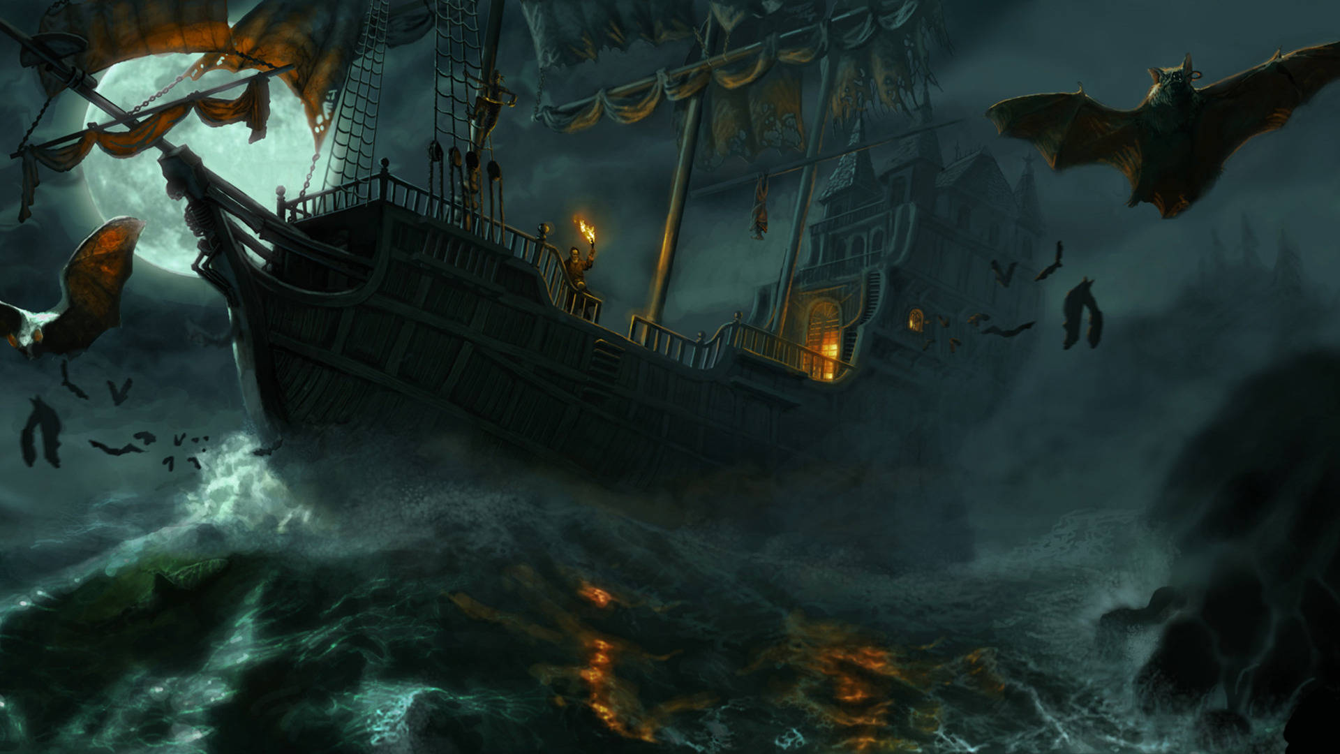 Ghost Ship, stormy seas, full moon, Full HD Desktop Wallpaper