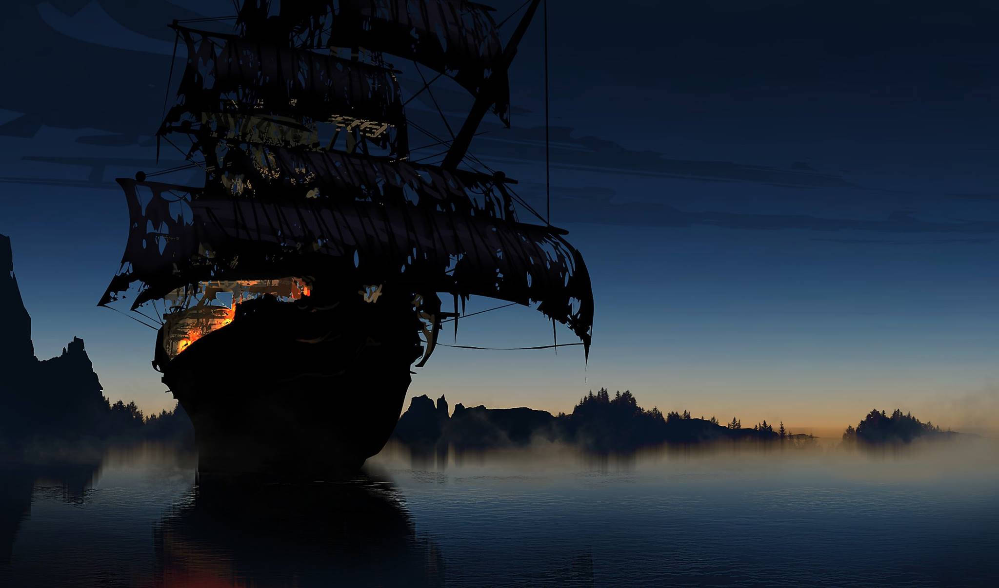 Ghost Ship, pirate ship, tattered sails, Full HD Desktop Wallpaper