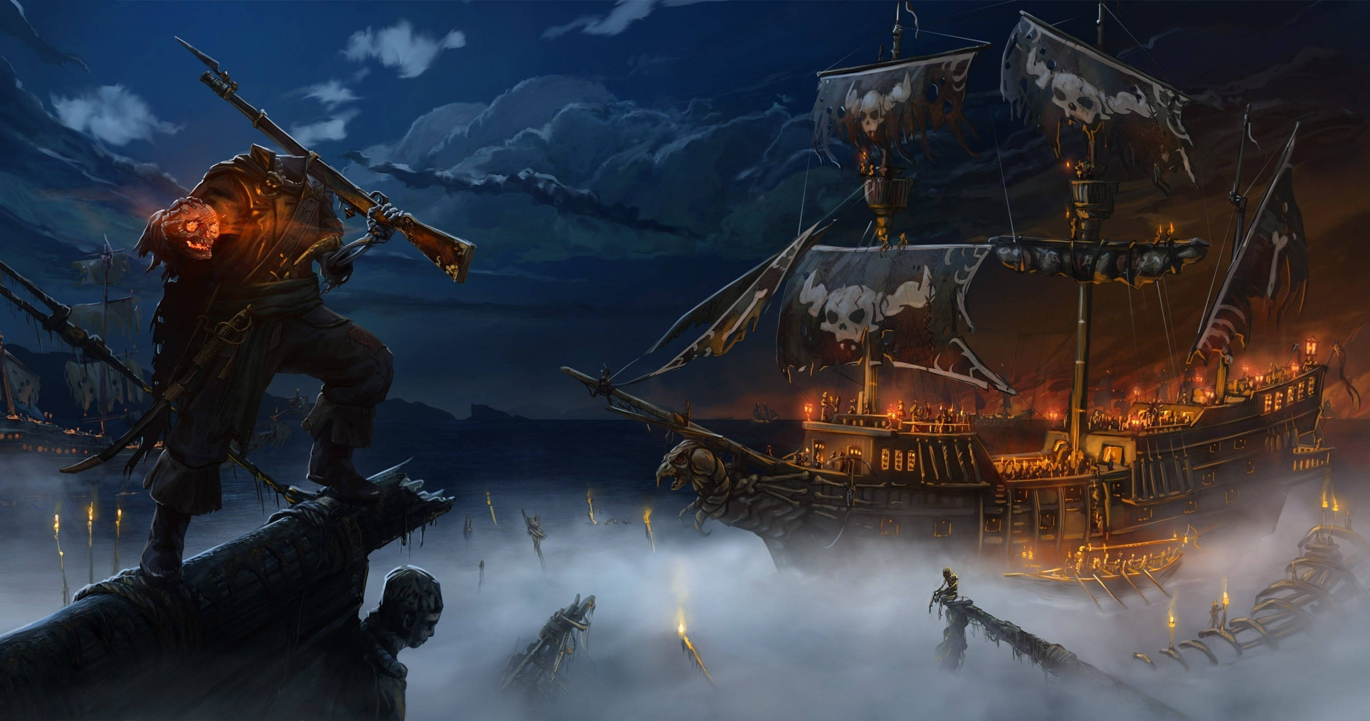 Ghost Ship, headless pirate, ship's mast, 2K Desktop Wallpaper