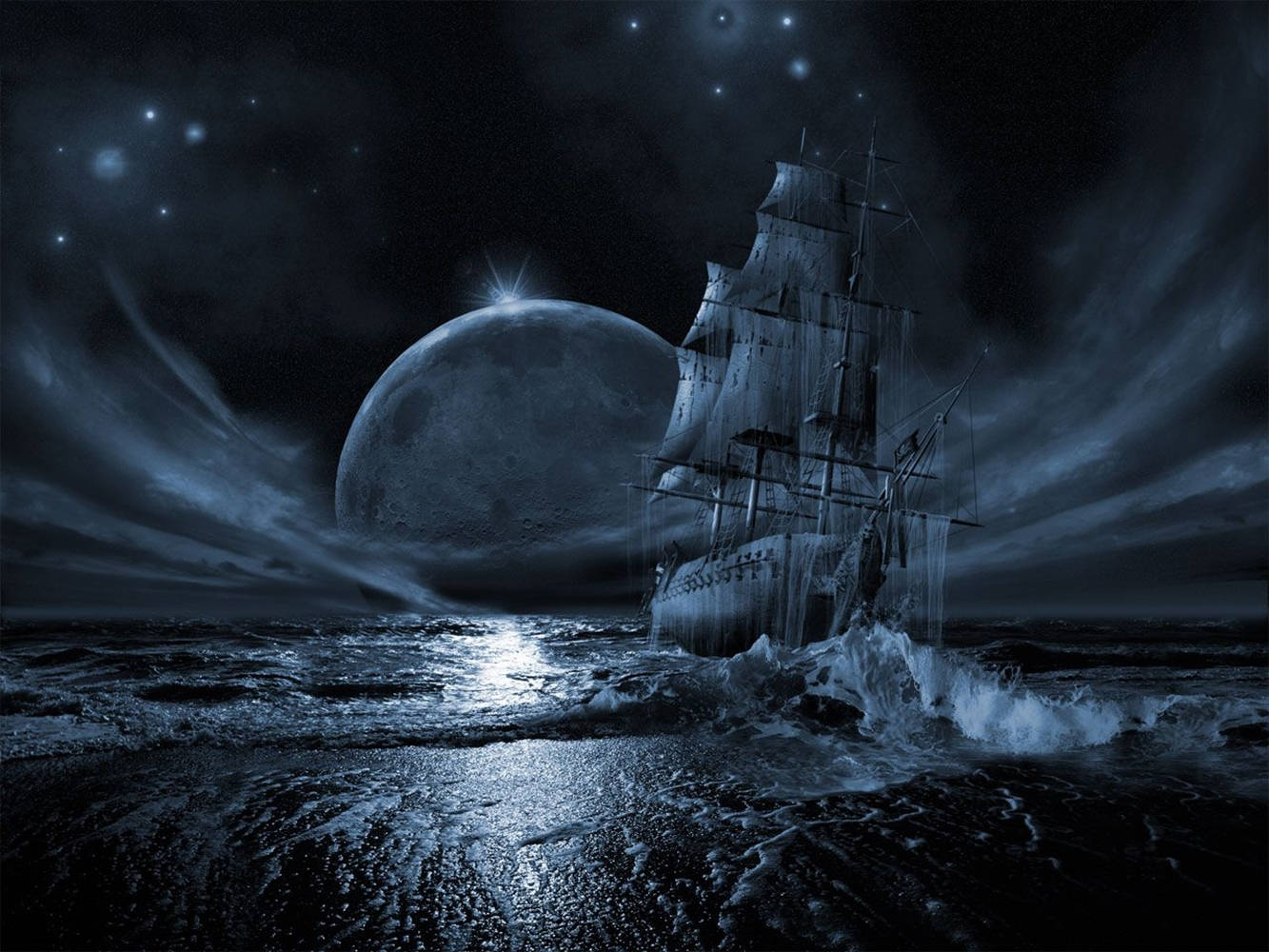 Ghost Ship, stormy seas, colossal moon, HD Desktop Wallpaper