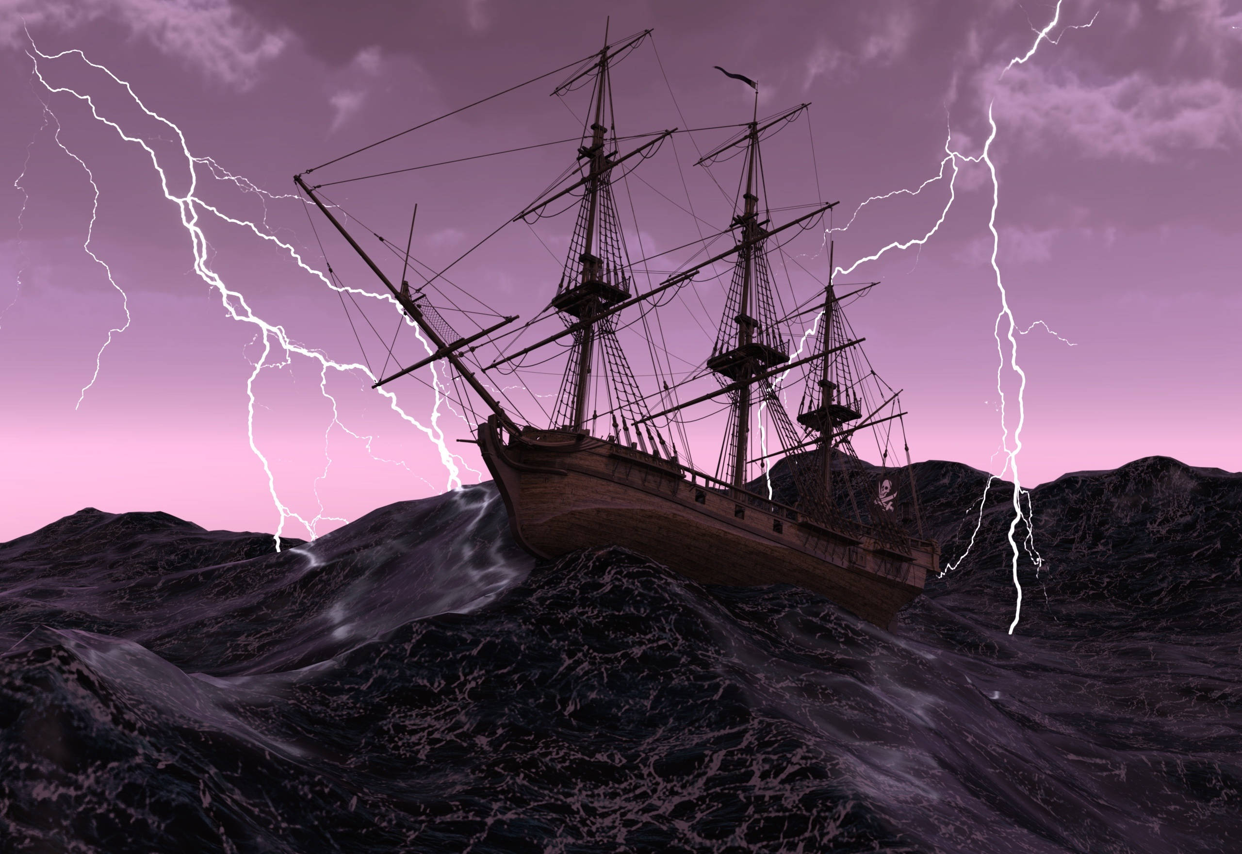 Ghost Ship, lightning, storm-tossed galleon, 2K Desktop Wallpaper