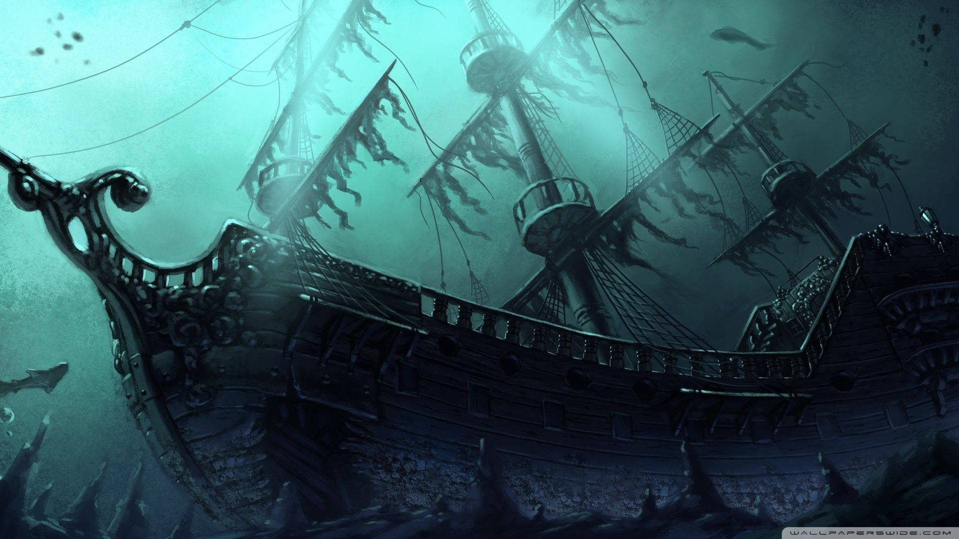 Ghost Ship, galleon, murky green ocean depths, Full HD Desktop Wallpaper