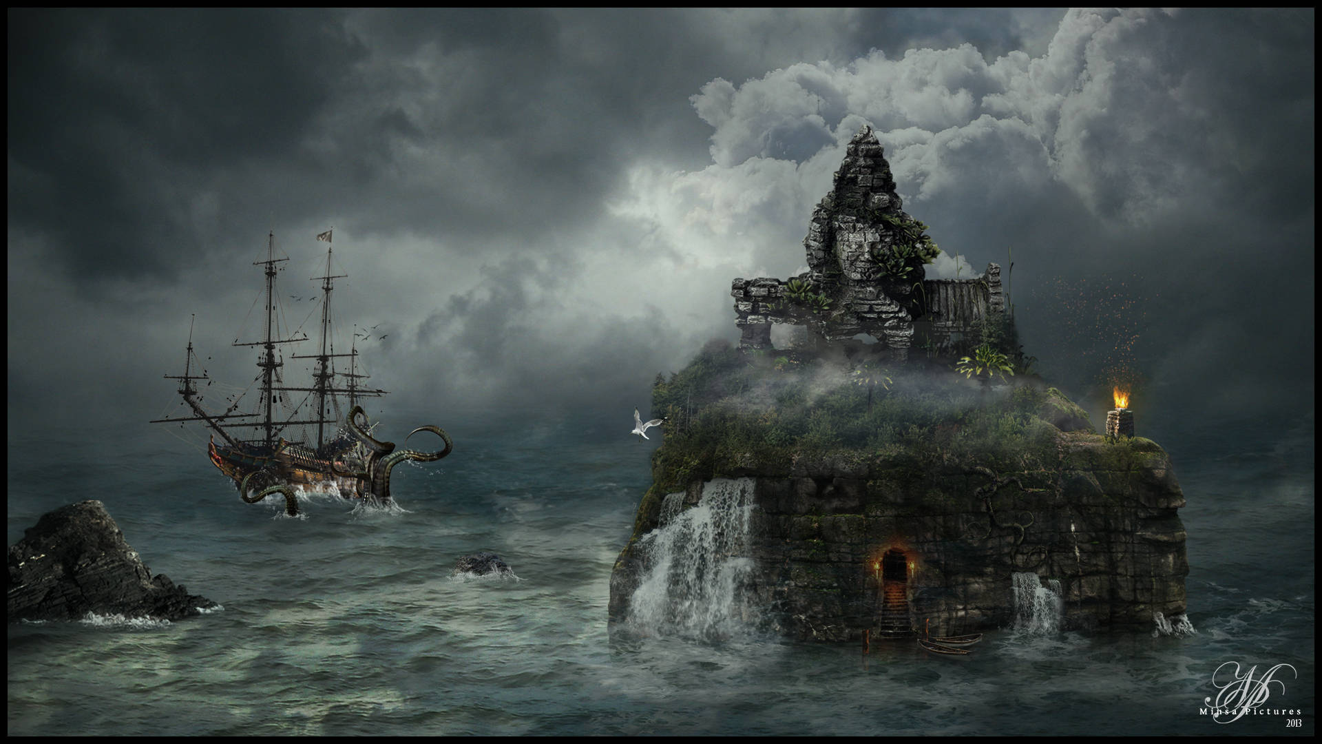 ghost ship, crumbling stone island fortress, glowing doorway, Full HD Desktop Wallpaper