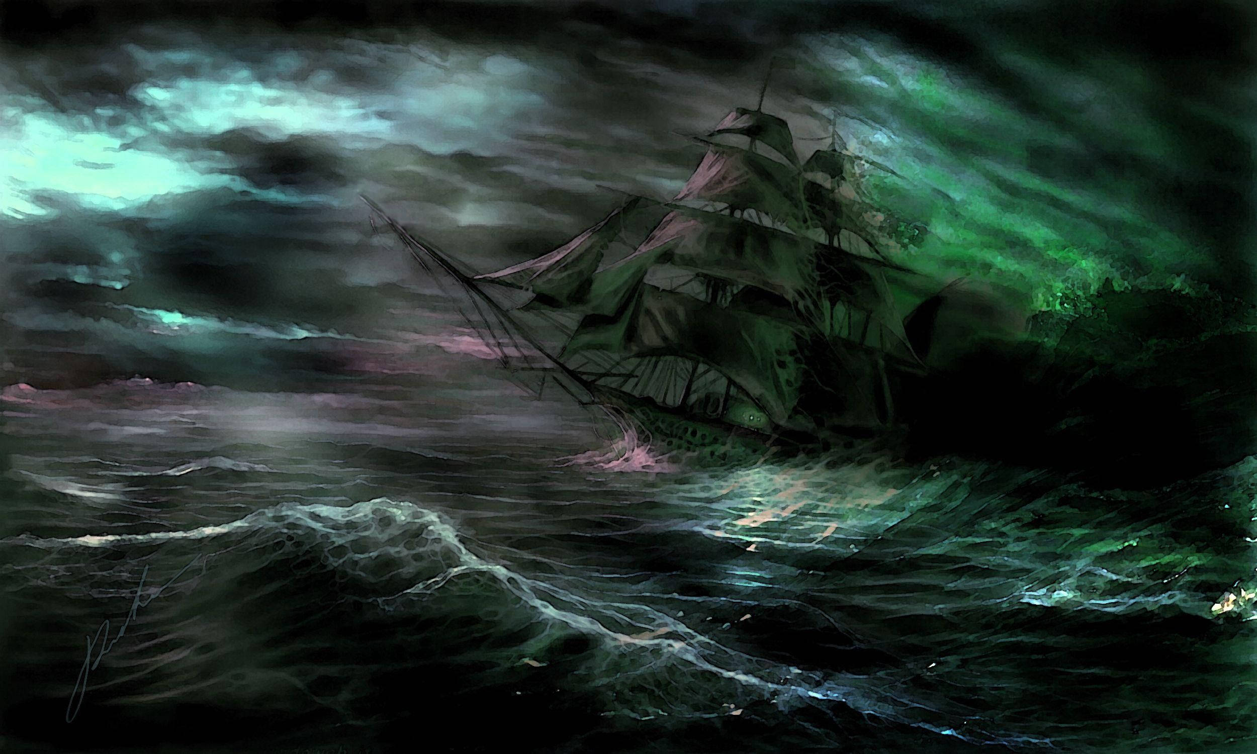 Ghost Ship, stormy sky, eerie green auroras, Full HD Desktop Wallpaper