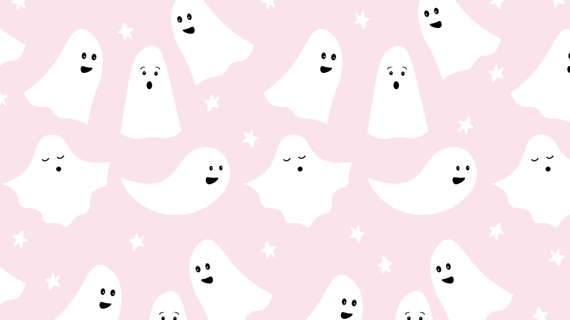 Pink, Tiny stars, Cute white cartoon ghosts, Full HD Desktop Wallpaper