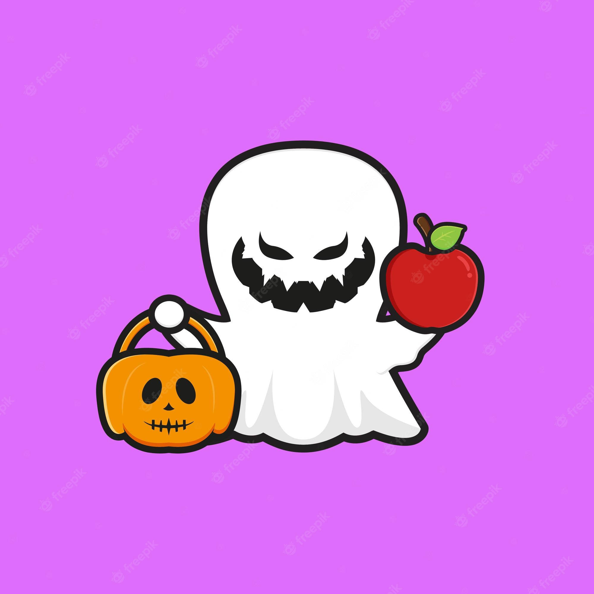 cute cartoon ghost, jagged grin, red apple, Full HD Desktop Wallpaper