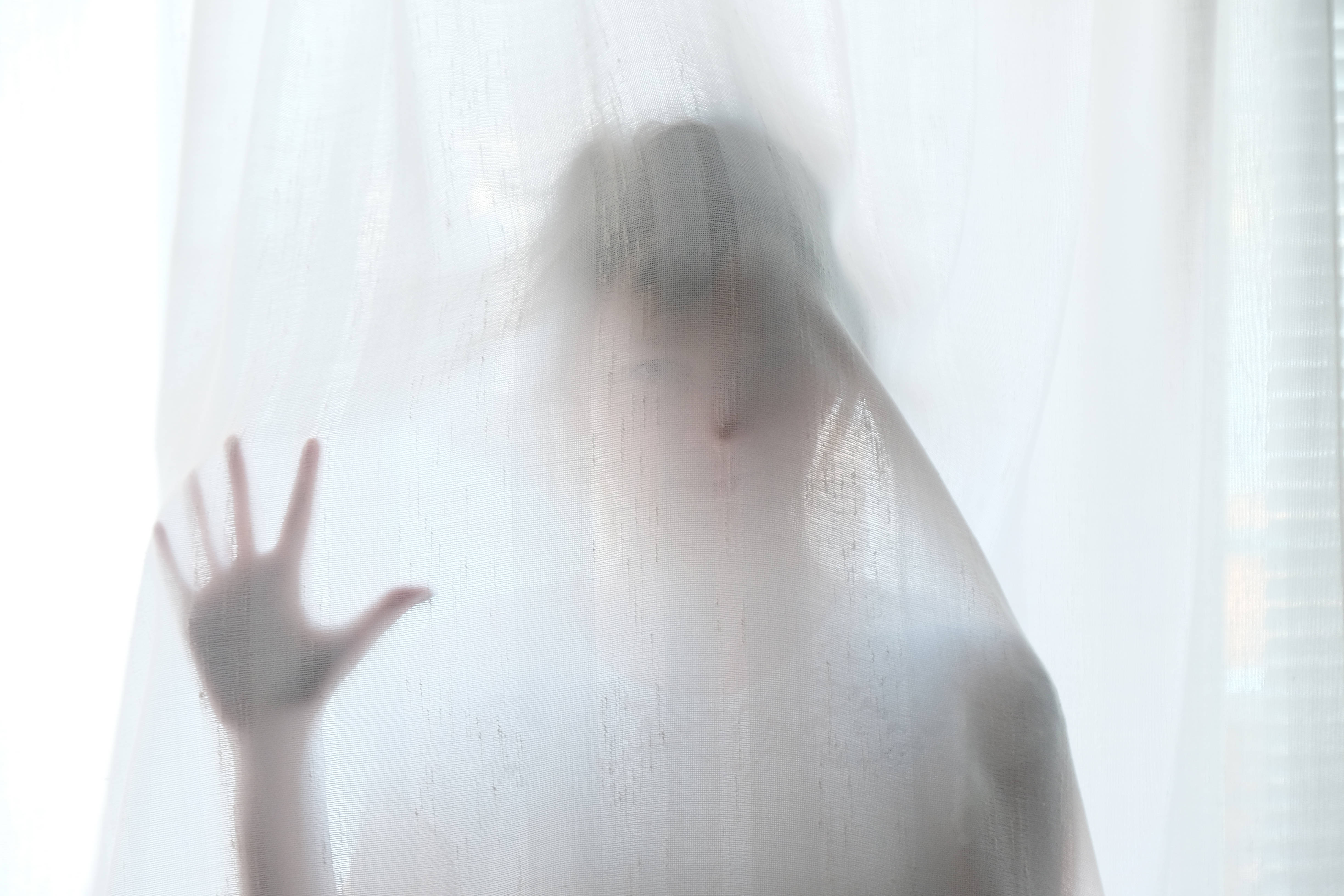 ghostly figure, sheer white curtain, softly lit from behind, 4K Desktop Wallpaper