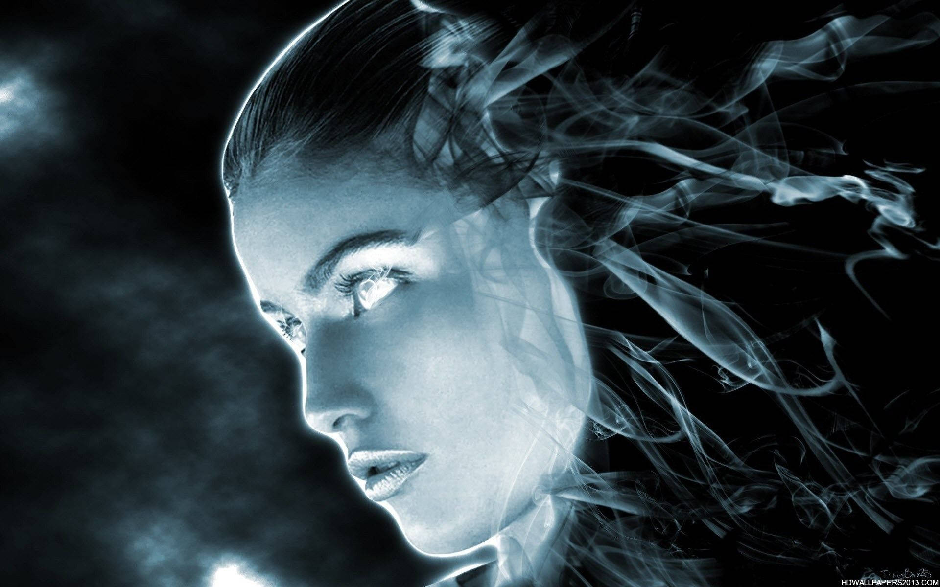 digital ghost woman, ethereal blue light, wispy smoke, Full HD Desktop Wallpaper