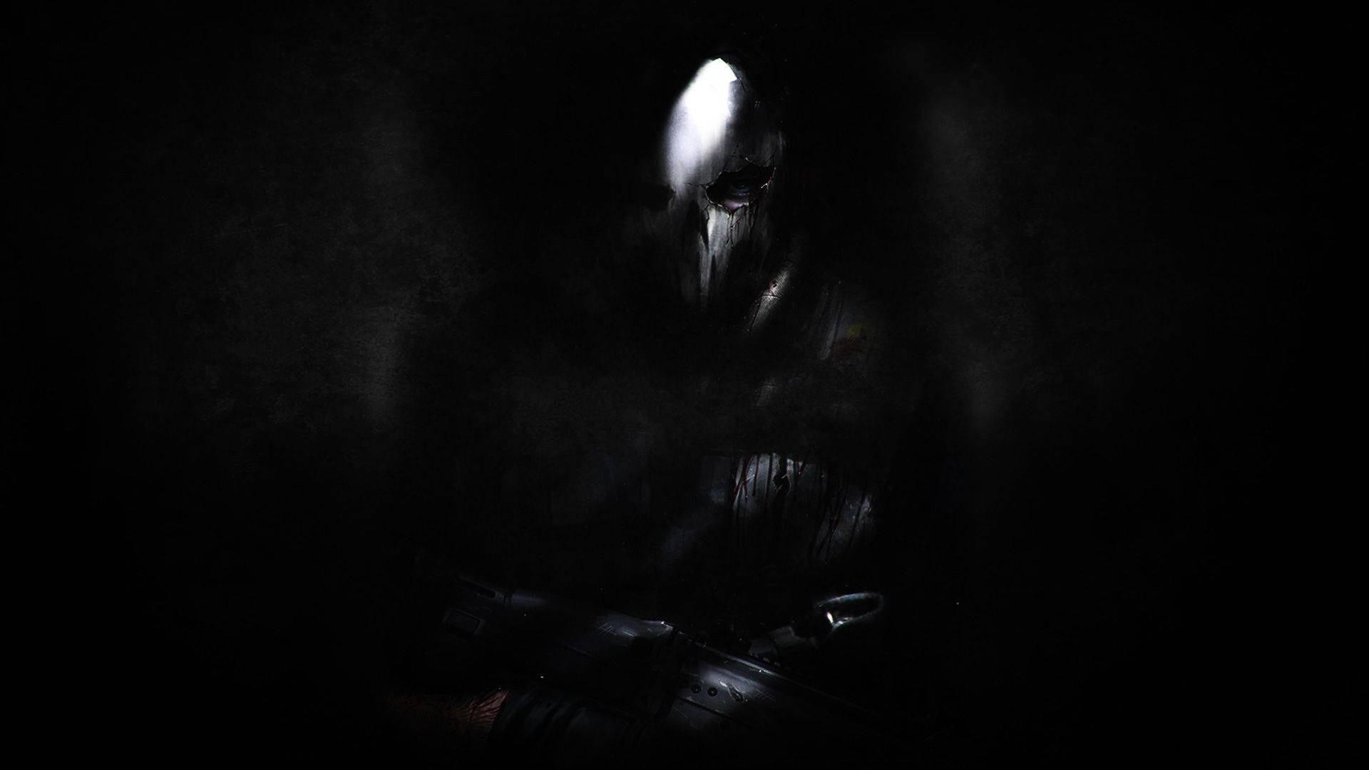 Ghost Mask Soldier, glowing white helmet, shadowy armored figure, Full HD Desktop Wallpaper