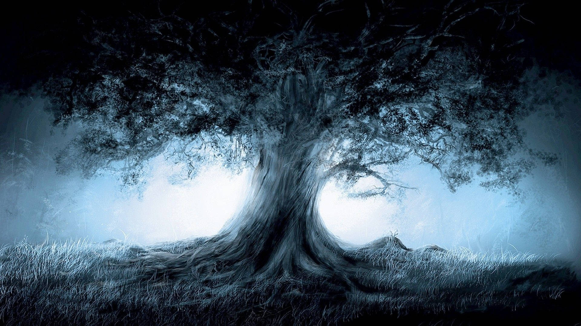 ghost tree, glowing blue light, misty twilight, Full HD Desktop Wallpaper