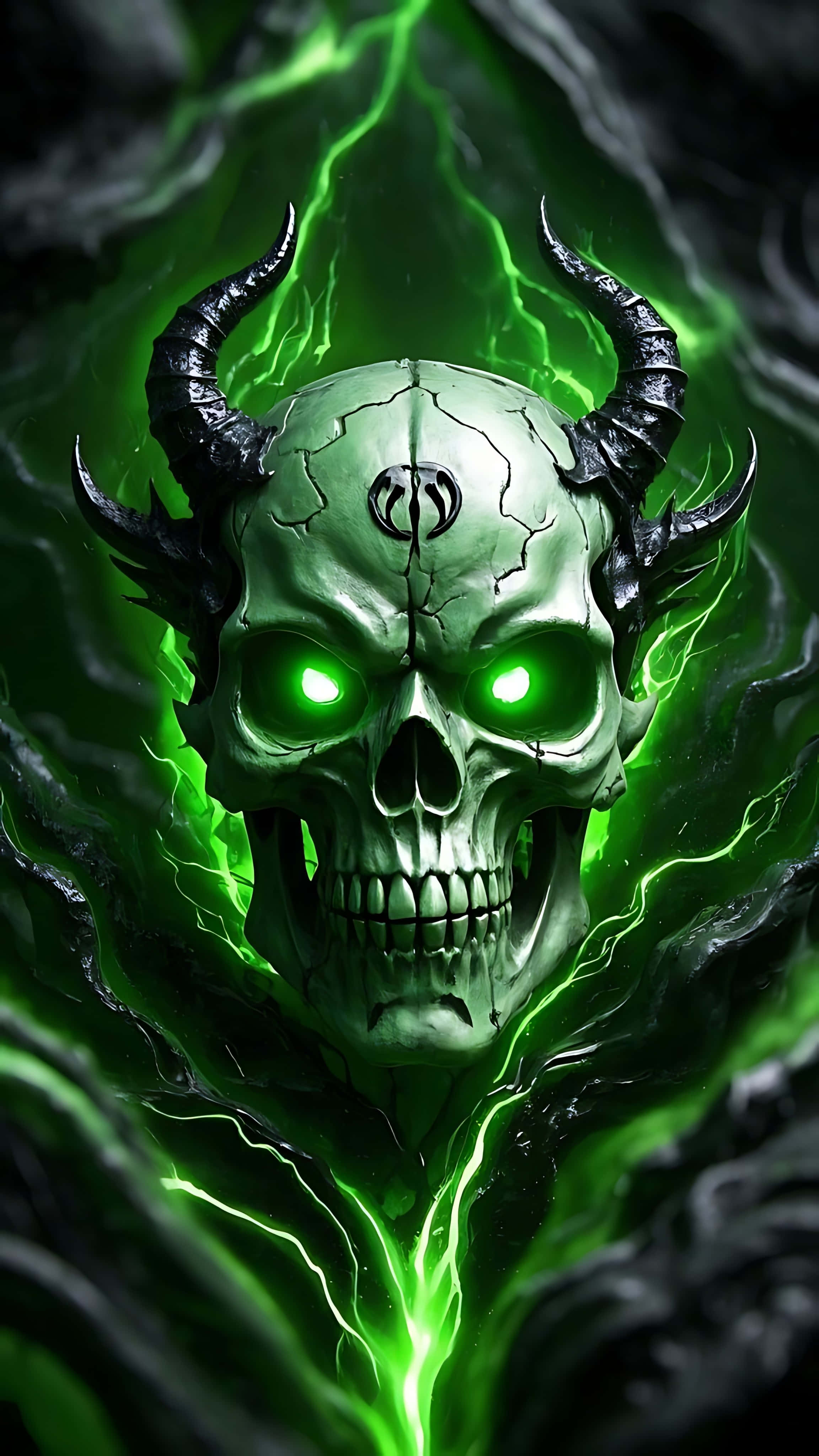 demonic skull, green skull, black horns, 4K Phone Wallpaper