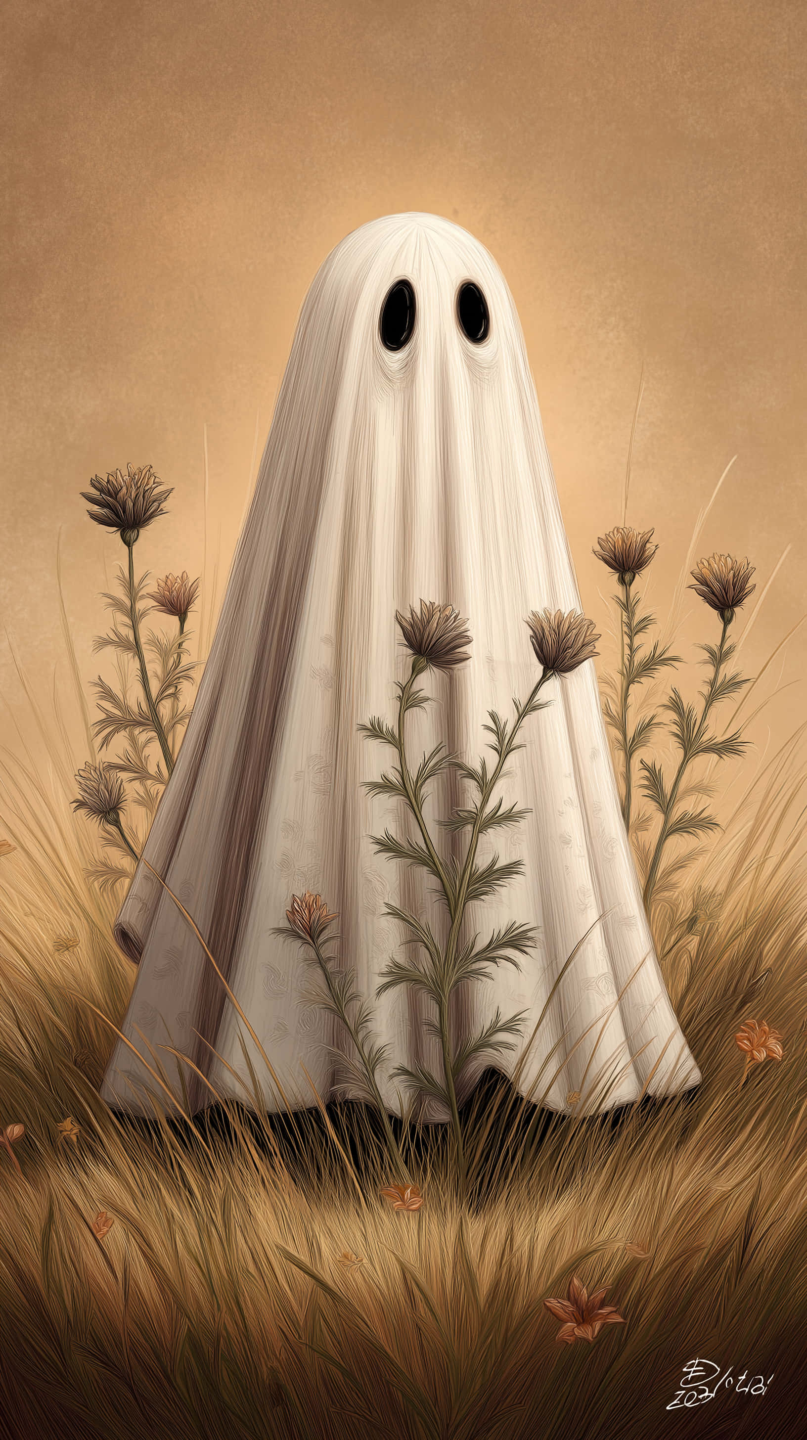 minimalist ghost, field, dark flowers, 2K Phone Wallpaper