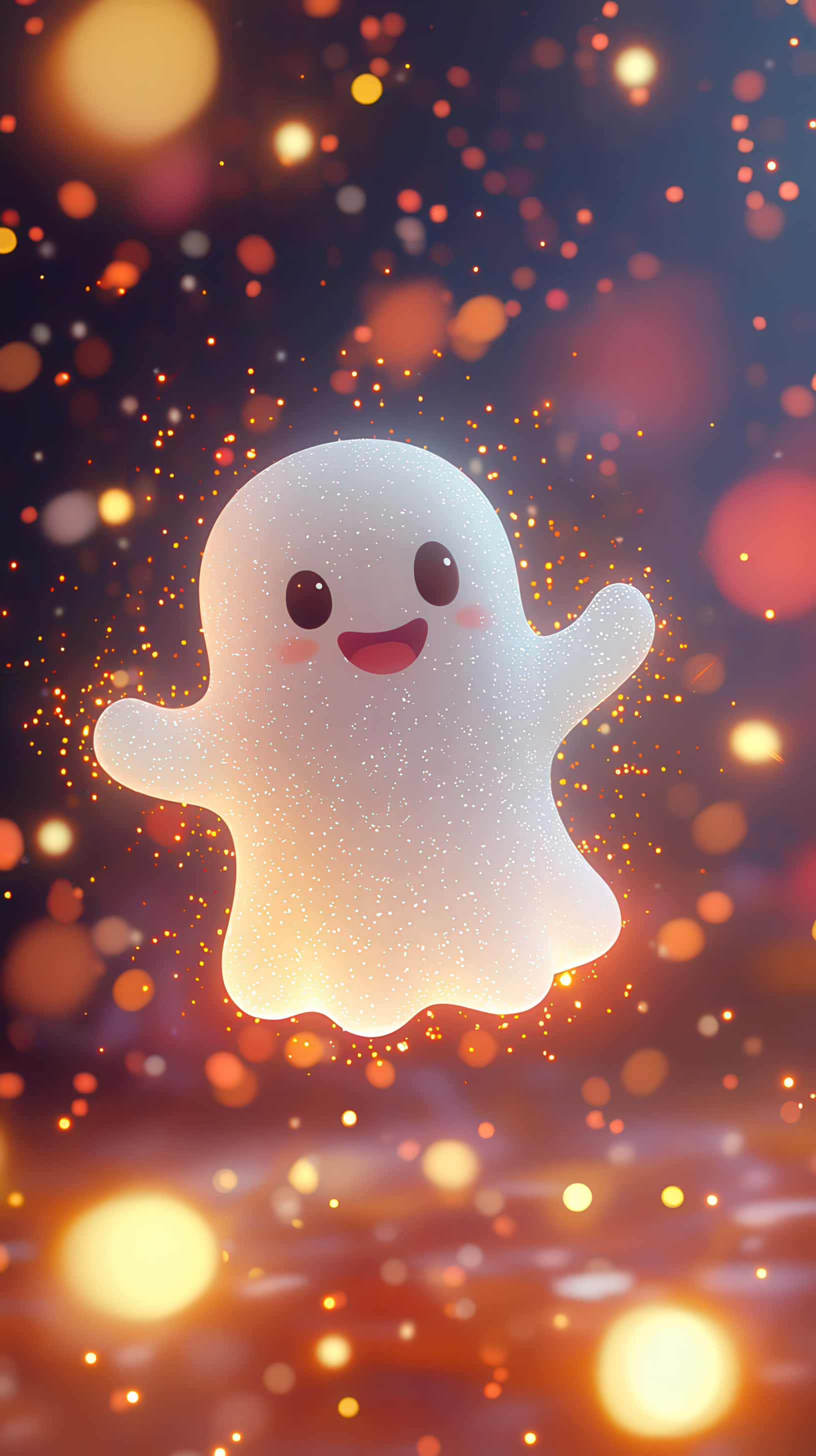 glowing white cartoon ghost, happy smile, warm golden bokeh lights, 2K Phone Wallpaper