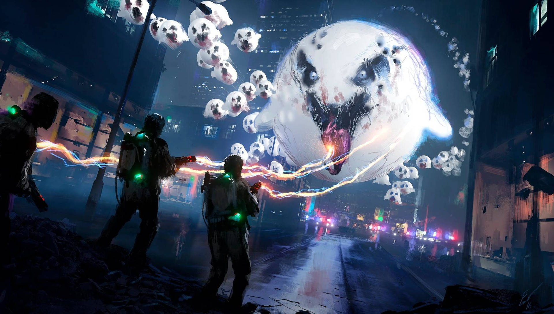 Ghostbusters, neon-drenched, ruined city street, Full HD Desktop Wallpaper