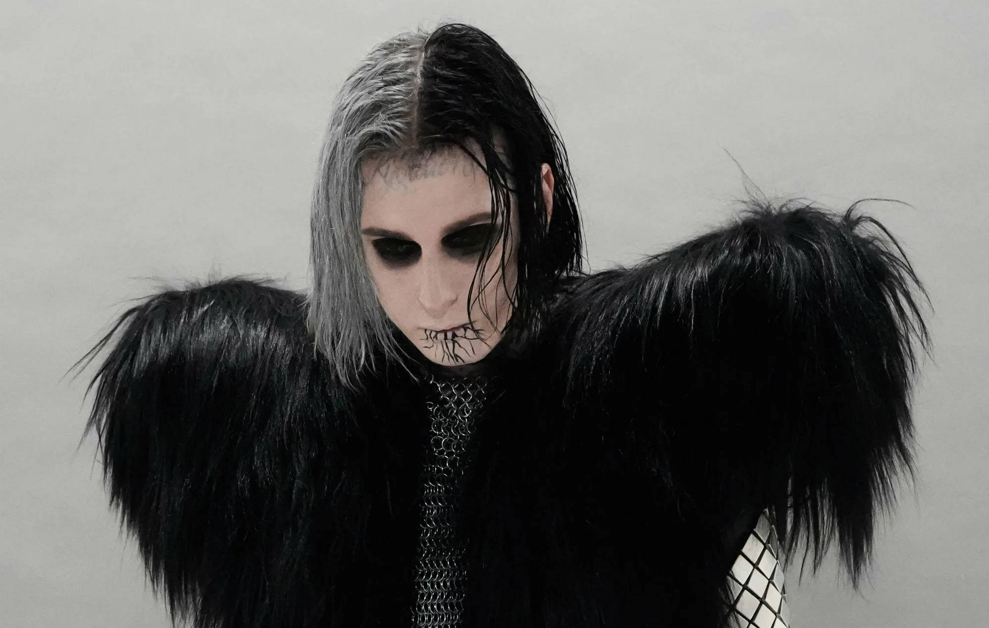 Ghostemane, furry shoulder pads, half-black half-silver hair, Full HD Desktop Wallpaper