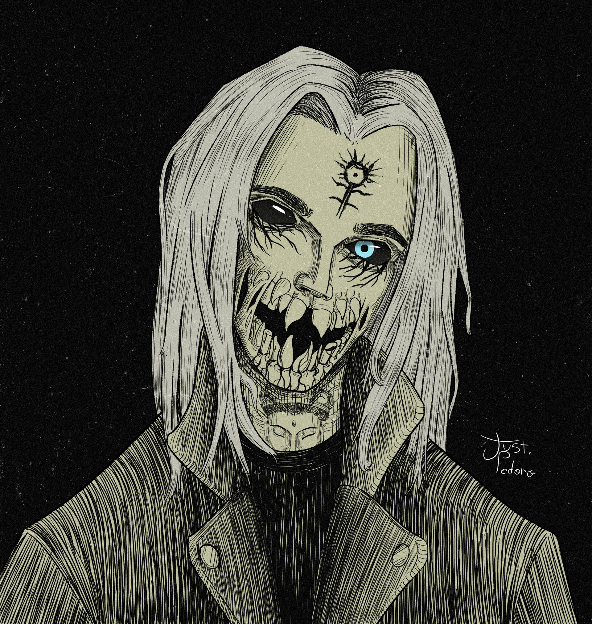 Ghostemane, glowing blue eye, stitched sun symbol, Full HD Phone Wallpaper