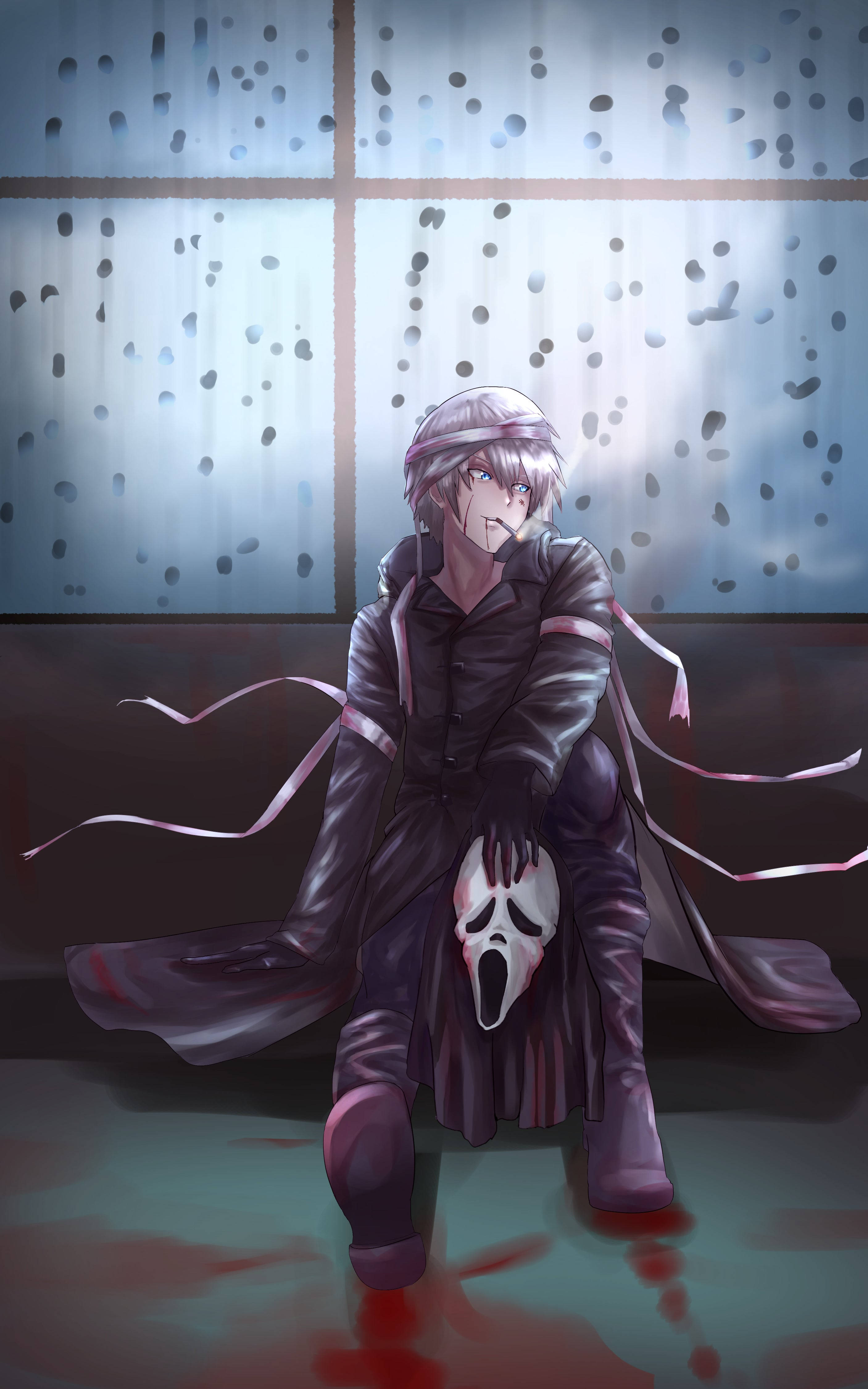 Ghostface PFP mask, anime boy, dark coat, 4K Phone Wallpaper