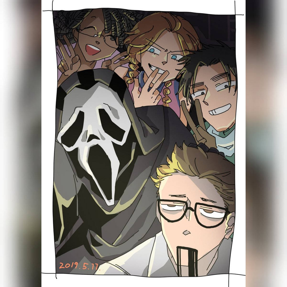 Ghostface mask, anime characters, peace signs, SD Desktop Wallpaper