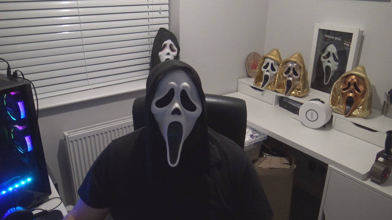 Ghostface mask, home office, horror movie memorabilia, HD Desktop Wallpaper
