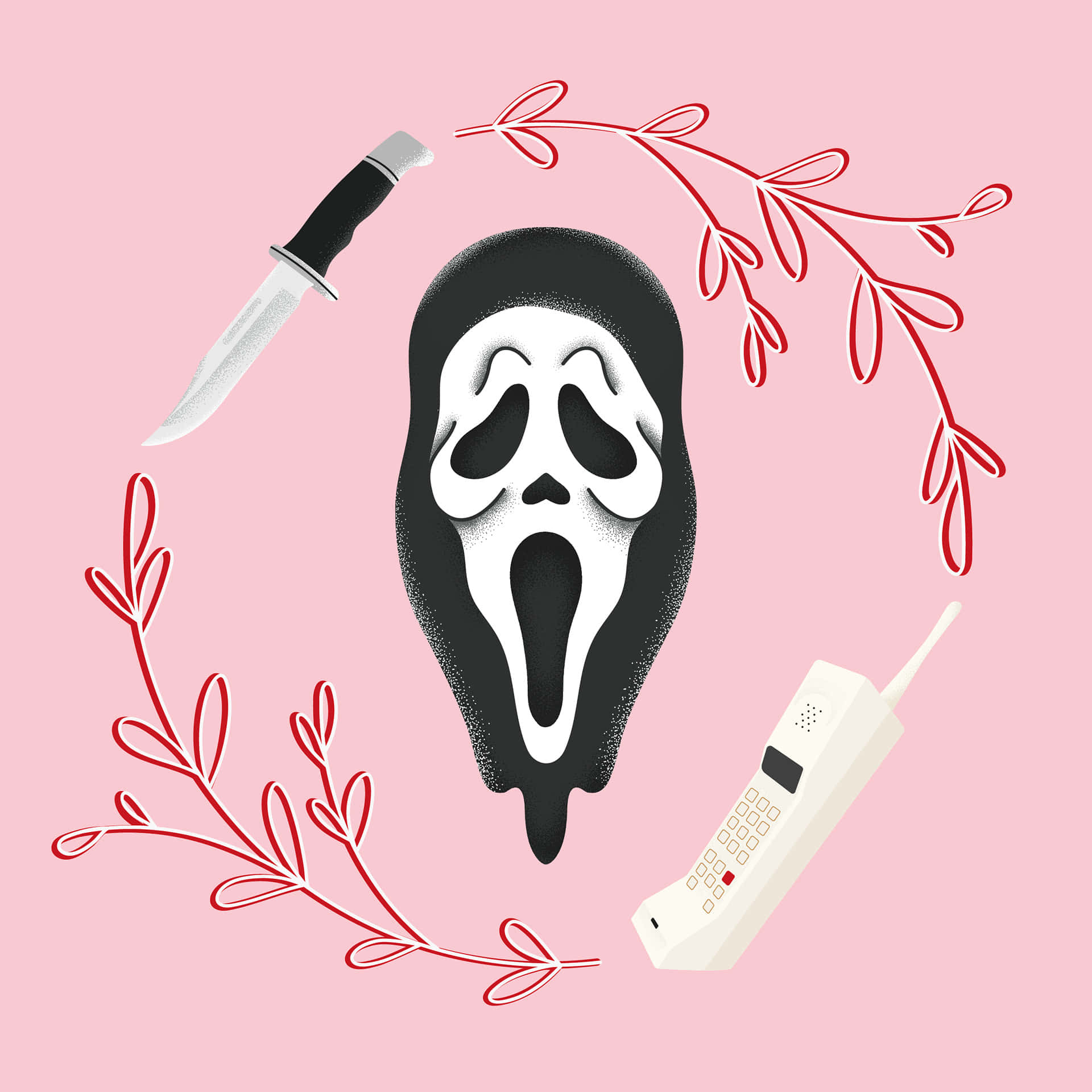 Ghostface mask, red wreath, knife, Full HD Desktop Wallpaper