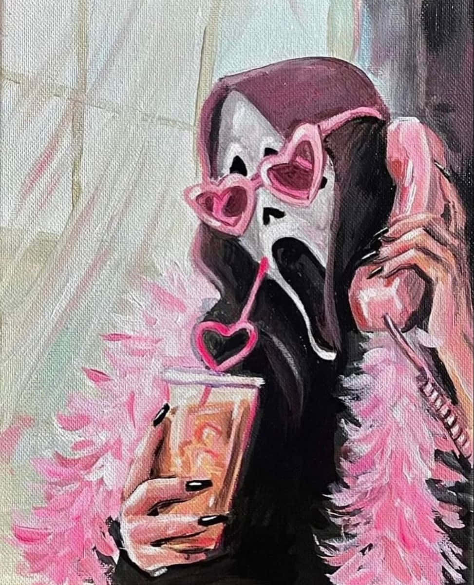Pink Ghostface, pink heart sunglasses, boa, SD Phone Wallpaper