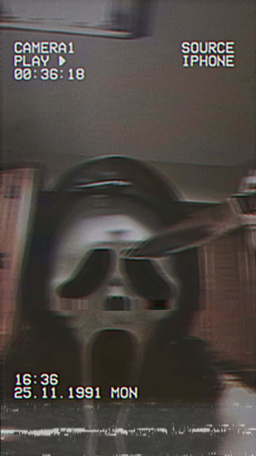 Ghostface, white mask with a screaming face, grainy security camera view, HD Phone Wallpaper