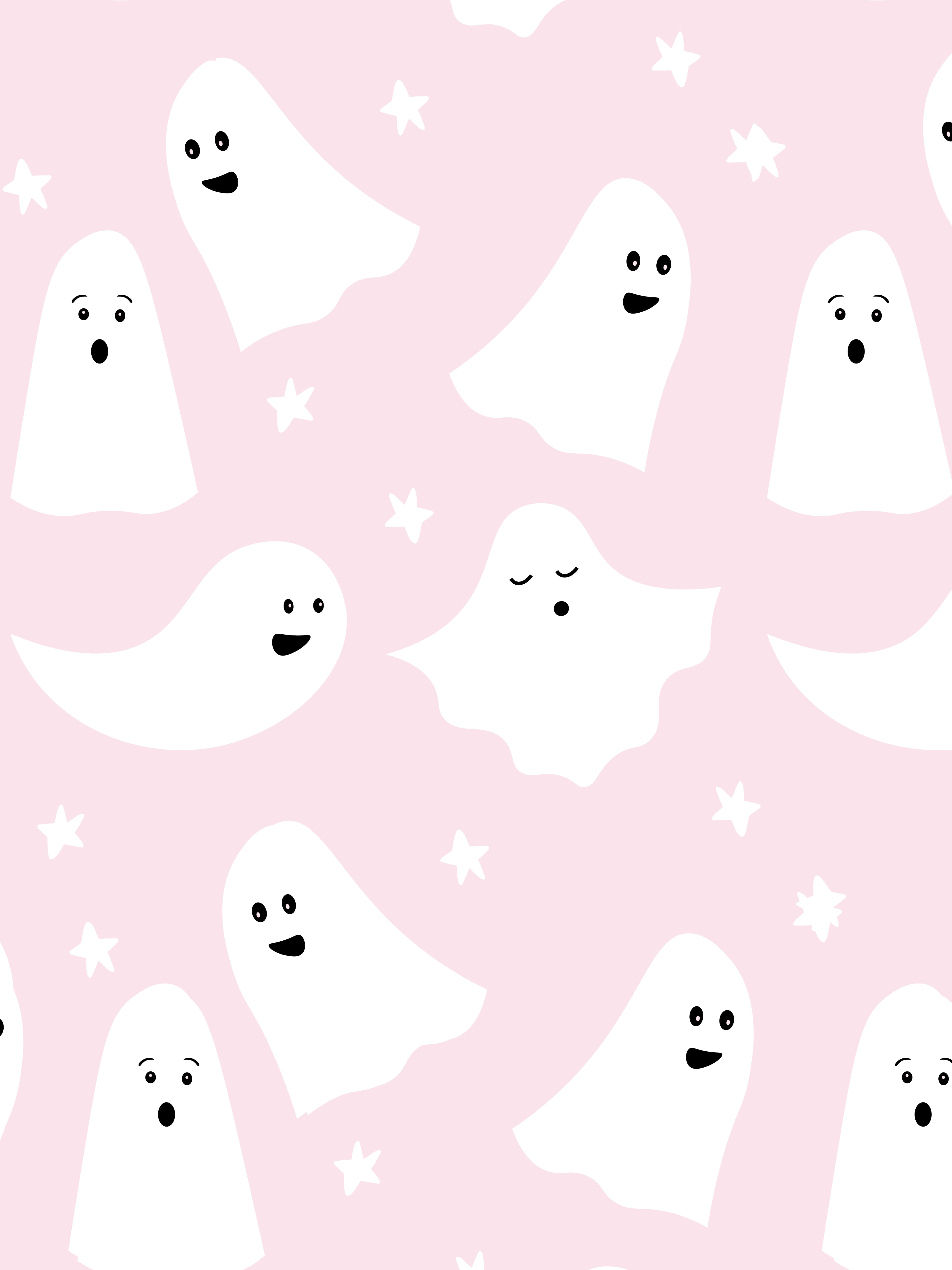 Cute Ghost Pattern, pink background, white cartoon ghosts, 5K Phone Wallpaper