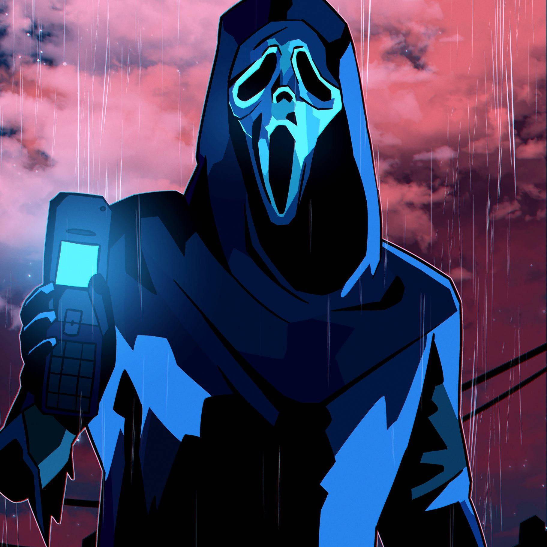 Ghostface, foldable phone, glowing blue scream mask, HD Desktop Wallpaper