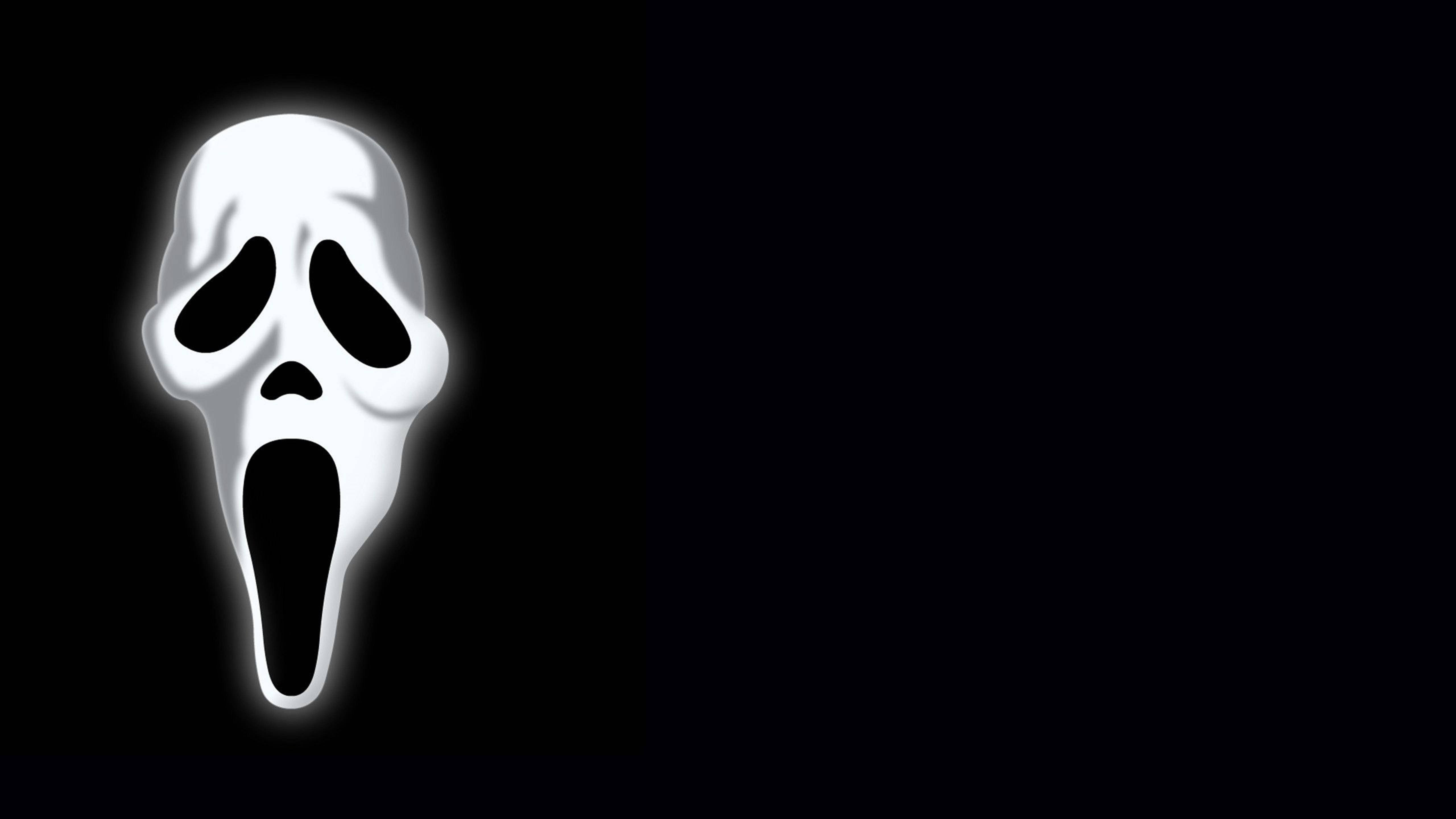 Ghostface, glowing white ghost mask, black eye and mouth holes, 5K Desktop Wallpaper