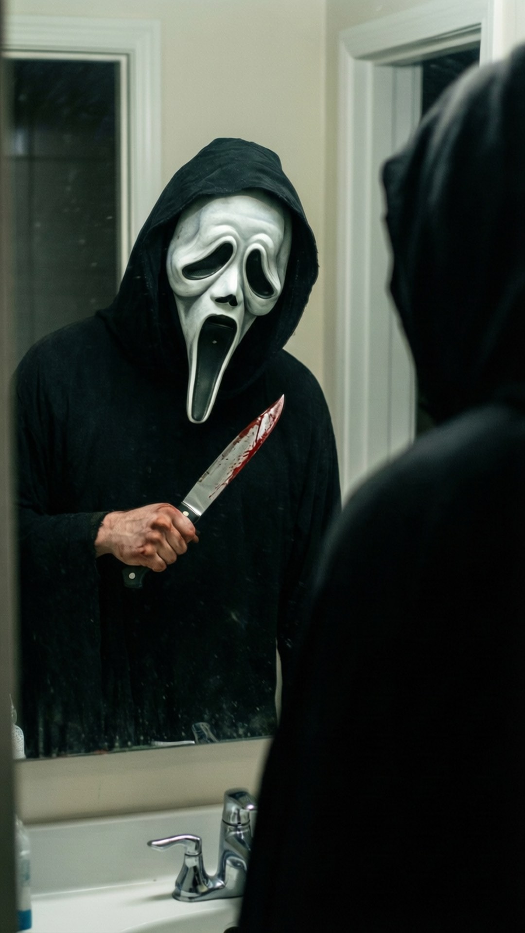 black hooded robe, white ghostface mask, bloodied knife, Full HD Phone Wallpaper