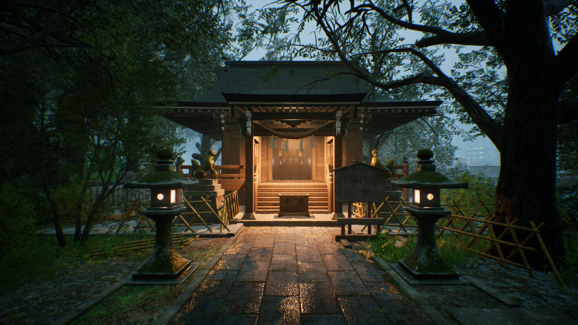 Ghostwire Tokyo, lighted shrine, dusk, Full HD Desktop Wallpaper