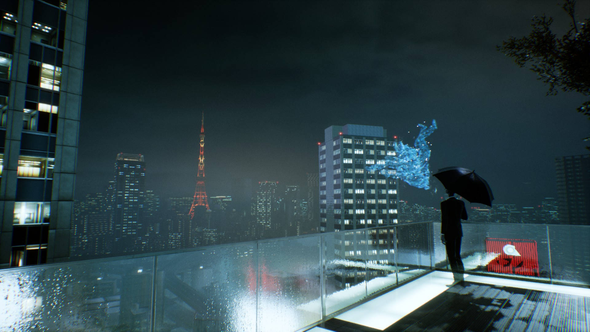 Ghostwire Tokyo, balcony walker, rain-slicked rooftop, Full HD Desktop Wallpaper