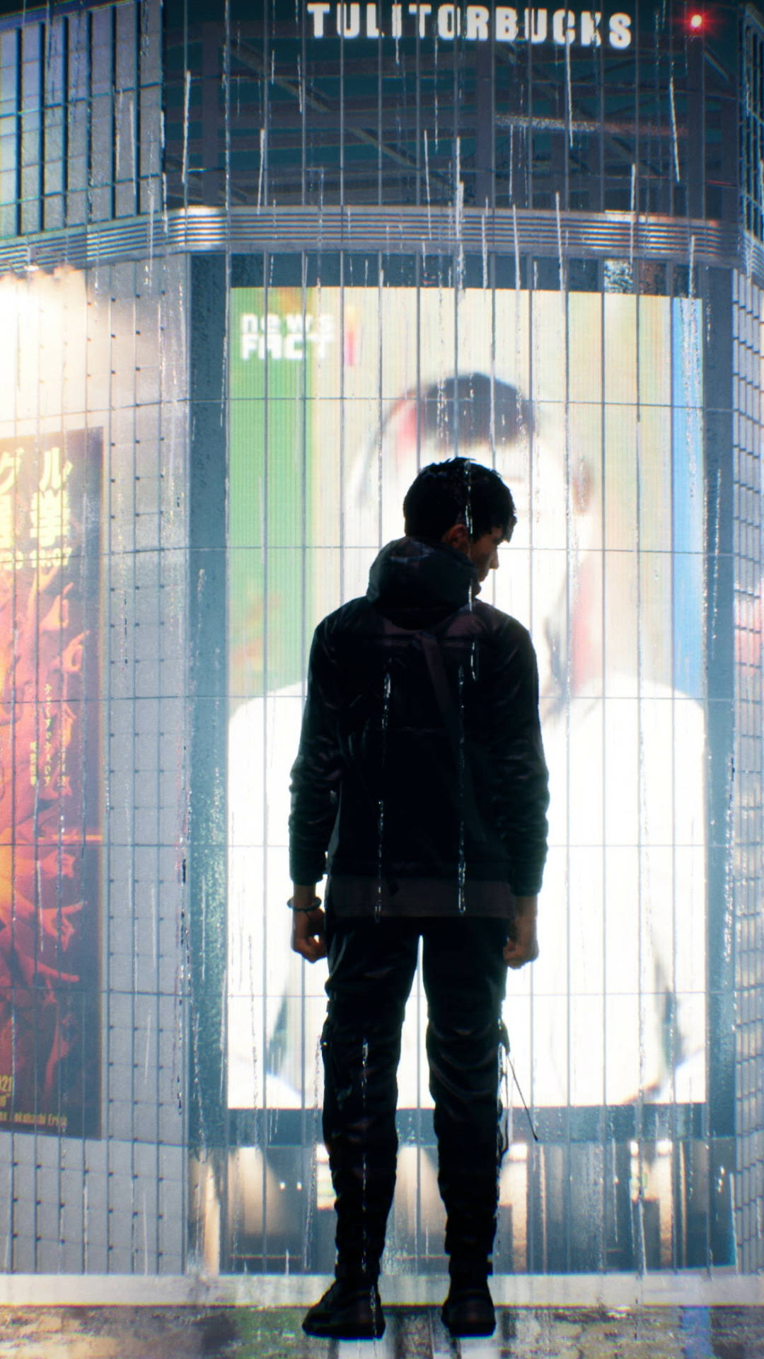 Ghostwire Tokyo, black jacket, glowing digital billboard, Full HD Phone Wallpaper