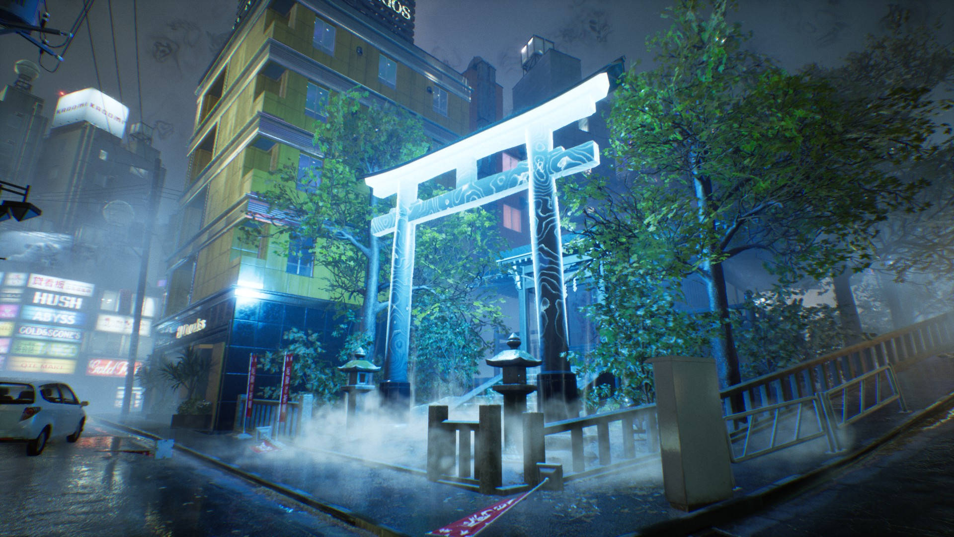 Ghostwire Tokyo, torii gate, neon-lit Japanese city street, Full HD Desktop Wallpaper