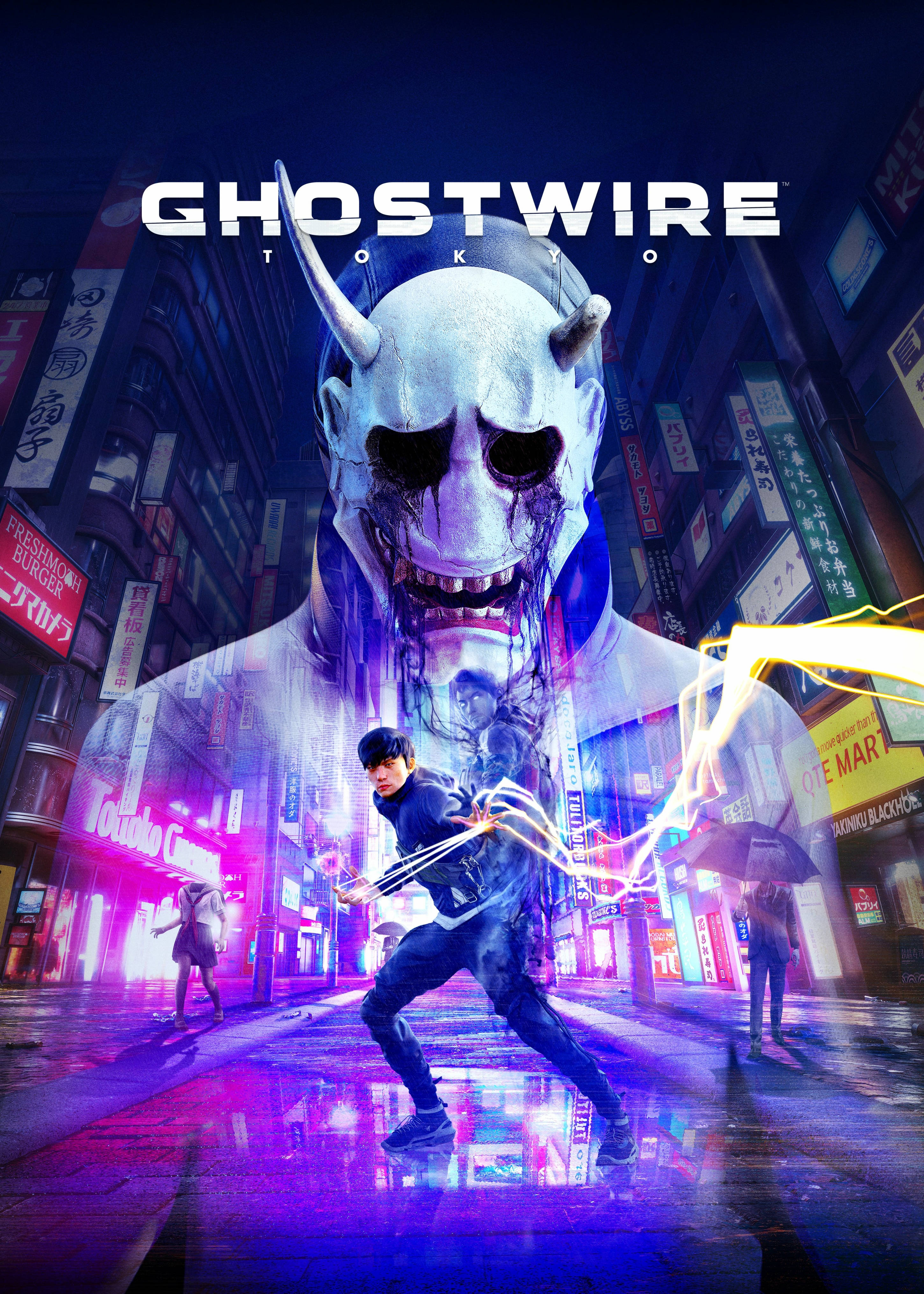 Ghostwire Tokyo, oni, neon-drenched Tokyo street, 4K Phone Wallpaper